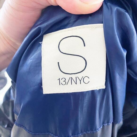 S13 NYC Navy Blue Satin Down Fill Parka XS Zip Up Belted Waist Removable Hood - Picture 5 of 8